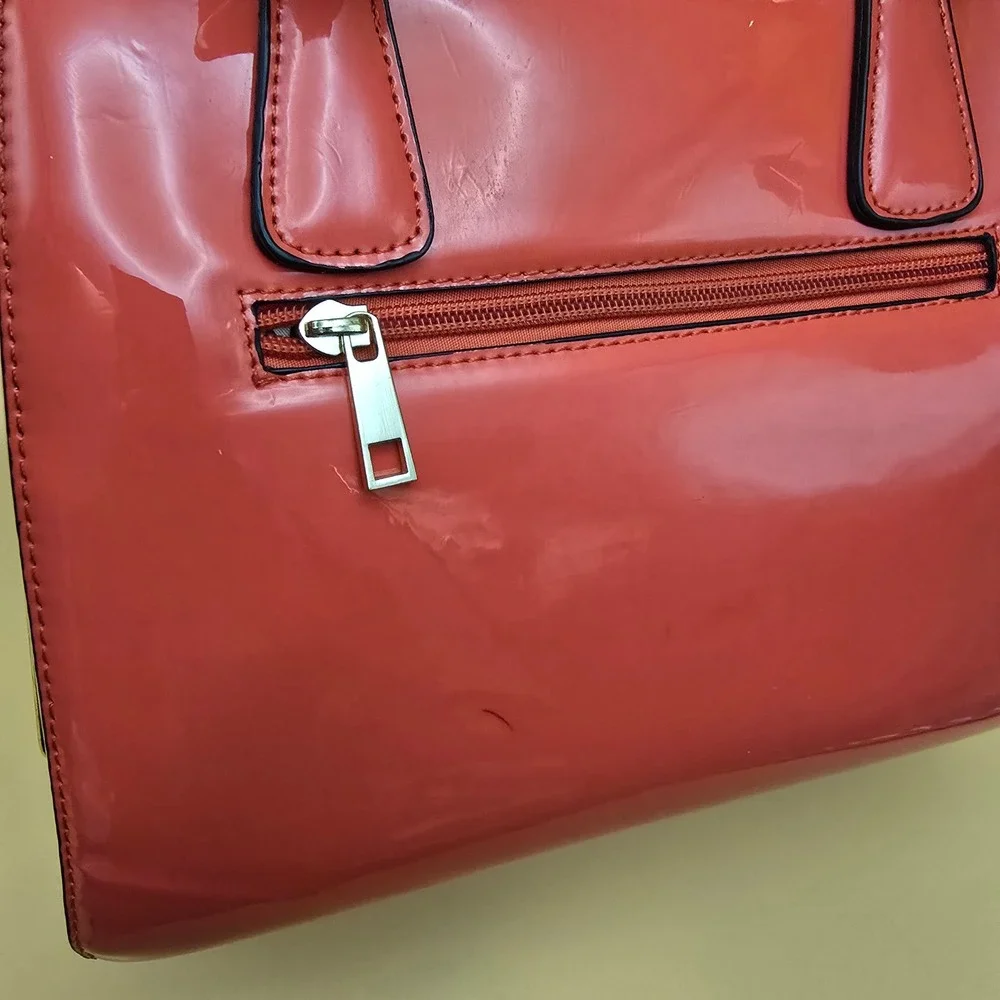 Coral Pink Patent Faux Leather Doctor Bag Satchel Leopard Print Lining Vintage